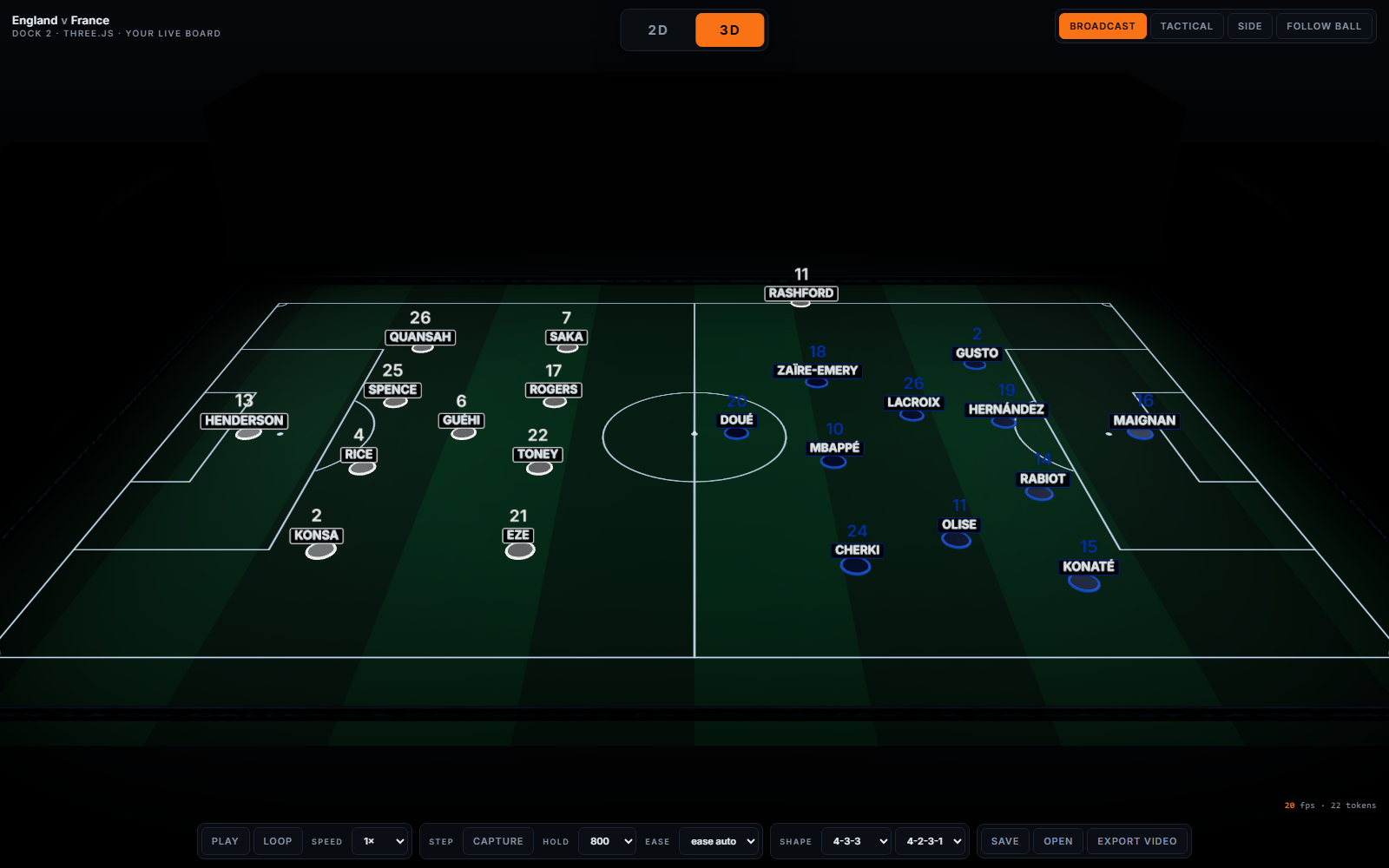 The 3D view of the board showing England against France: both starting elevens
              standing on a lit, striped pitch seen from a broadcast camera angle, every player
              labelled with their shirt number and surname, with a 2D / 3D switch at the top.